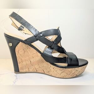 GUESS Crisscross Black Leather Cork Platform Wedge Sandal Women Size 9.5 Ladies
